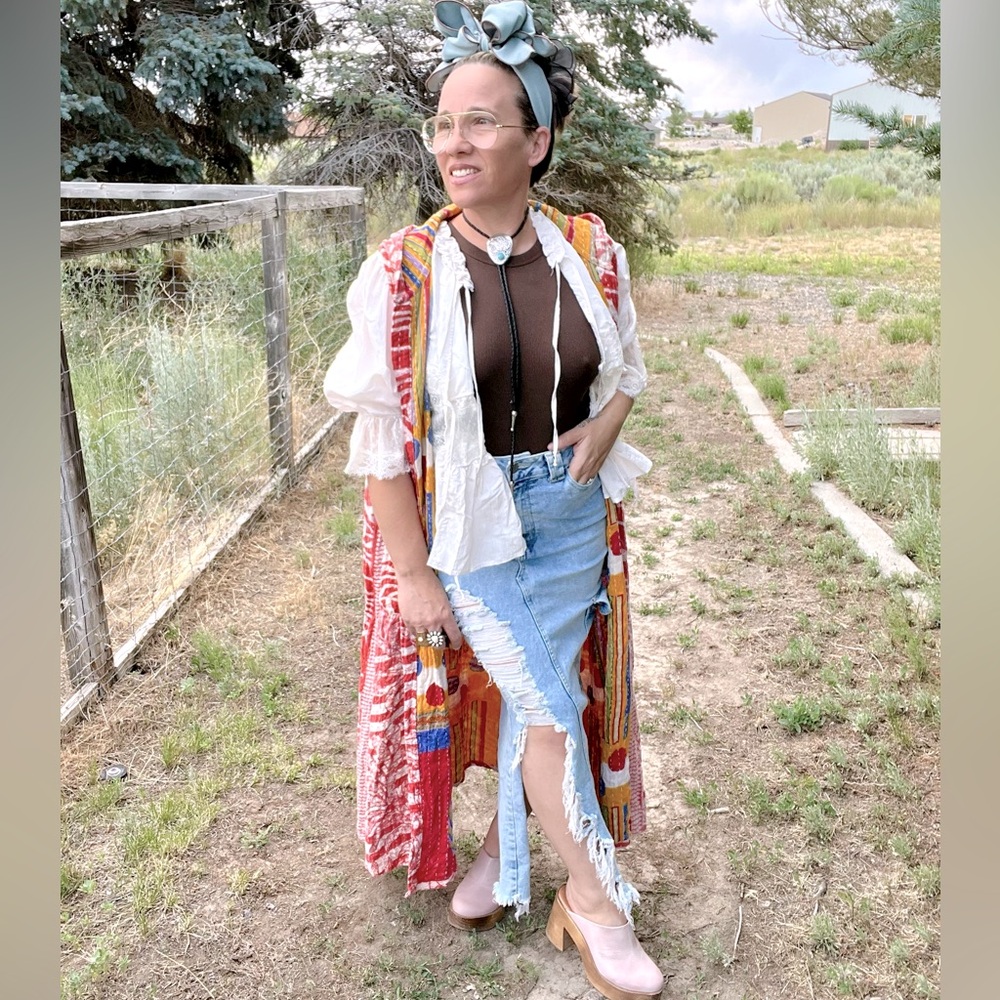 #52 The “Simone” KANTHA Stitched Reversible Hooded Maxi Vest With Pockets
